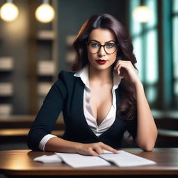 A seductive teacher sitting on a table, wearing glasses and stylish, slightly revealing clothing