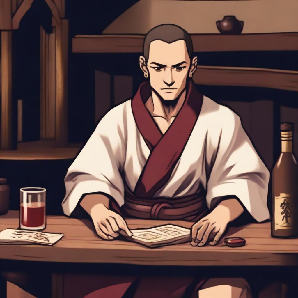 A drunk RPG monk with brown hair and eyes, white skin, and a tired appearance