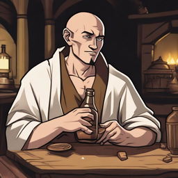 A drunk RPG monk with brown hair and eyes, white skin, and a tired appearance