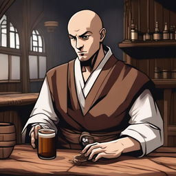 A drunk RPG monk with brown hair and eyes, white skin, and a tired appearance