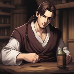 A drunk RPG monk with brown hair and eyes, white skin, and a tired appearance