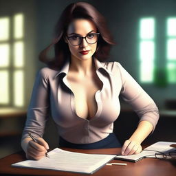 A very seductive teacher sitting on a table, wearing glasses and stylish, slightly revealing clothing