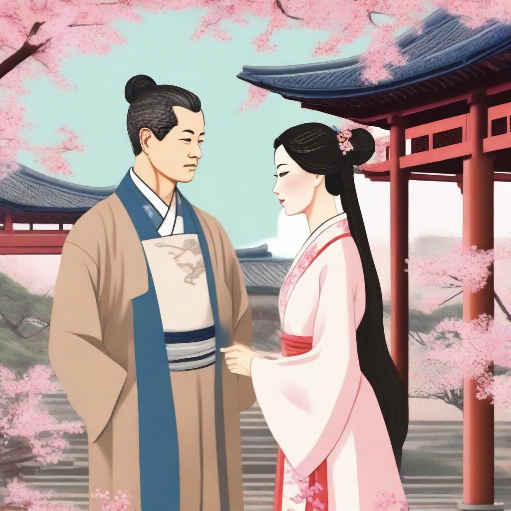 A romantic scene featuring a traditional Chinese woman and a Western doctor