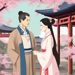 A romantic scene featuring a traditional Chinese woman and a Western doctor