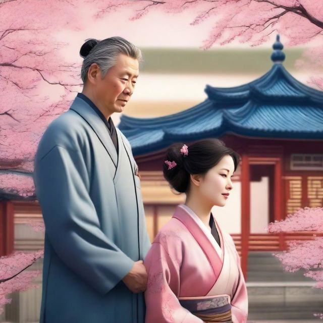 A romantic scene featuring a traditional Chinese woman and a Western doctor