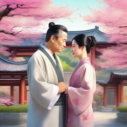 A romantic scene featuring a traditional Chinese woman and a Western doctor