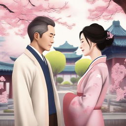 A romantic scene featuring a traditional Chinese woman and a Western doctor