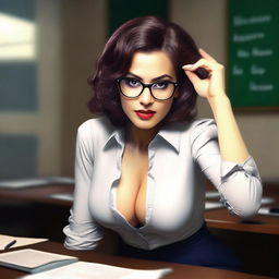 A very very seductive teacher sitting on a table, wearing glasses and stylish, slightly revealing clothing