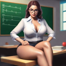 A very very seductive teacher with large thighs sitting on a table, wearing glasses and stylish, slightly revealing clothing