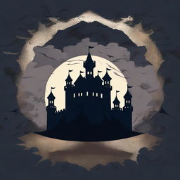 Create a background with a dark, stormy sky and a looming castle silhouette