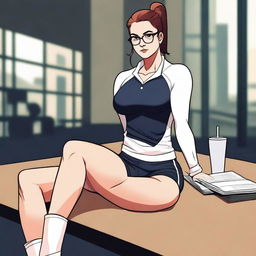 A very very seductive gym teacher with large thighs sitting on a table, wearing glasses and stylish, slightly revealing athletic clothing