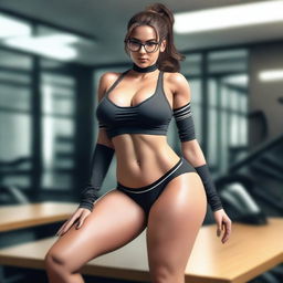 A very very seductive gym teacher with large thighs sitting on a table, wearing glasses, thigh-high socks, and stylish, slightly revealing athletic clothing