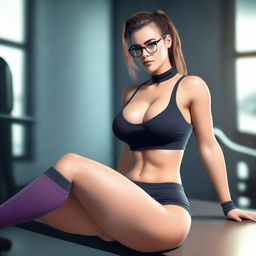 A very very seductive gym teacher with large thighs sitting on a table, wearing glasses, thigh-high socks, and stylish, slightly revealing athletic clothing