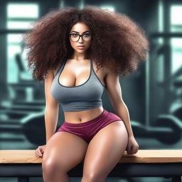 A very very seductive gym teacher with large thighs, sitting on a table, wearing glasses, thigh-high socks, and stylish, slightly revealing athletic clothing