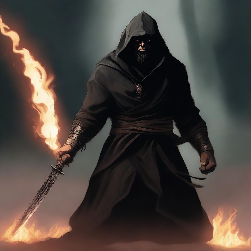 A dark brown orc man with black hair and a beard, wearing black robes and a hood