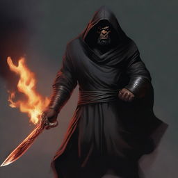 A dark brown orc man with black hair and a beard, wearing black robes and a hood