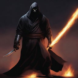 A dark brown orc man with black hair and a beard, wearing black robes and a hood