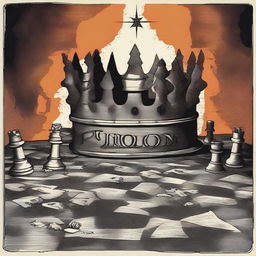 Illustrate a shattered crown lying on a chessboard, with pieces representing various kingdoms in mid-battle