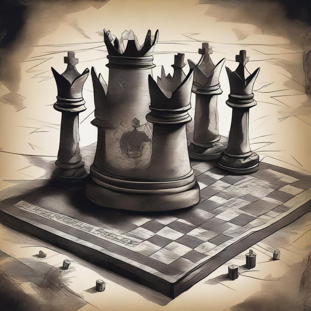 Illustrate a shattered crown lying on a chessboard, with pieces representing various kingdoms in mid-battle