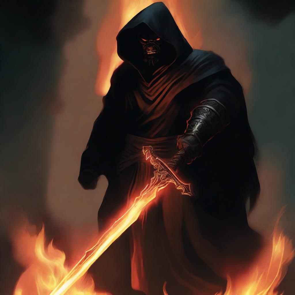 A dark brown orc man with black hair and a beard, wearing black robes and a hood