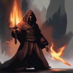 A dark brown orc man with black hair and a beard, wearing black robes and a hood