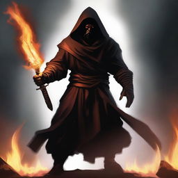 A dark brown orc man with black hair and a beard, wearing black robes and a hood