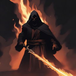 A dark brown orc man with black hair and a beard, wearing black robes and a hood