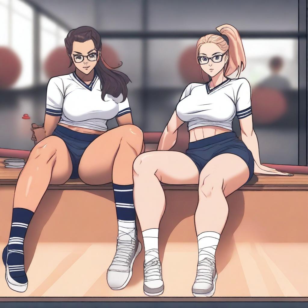 Two very seductive gym teachers with large thighs, sitting on a table, wearing glasses and thigh-high socks