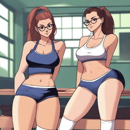 Two very seductive gym teachers with large thighs, sitting on a table, wearing glasses and thigh-high socks