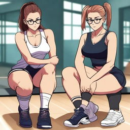 Two very seductive gym teachers with large thighs, sitting on a table, wearing glasses and thigh-high socks