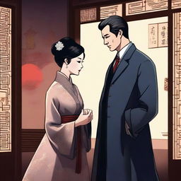 A romantic and mysterious scene featuring a Chinese woman and a Western doctor