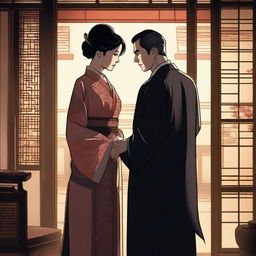 A romantic and mysterious scene featuring a Chinese woman and a Western doctor