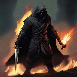 A dark brown orc man with black hair and a beard, wearing black robes and a hood