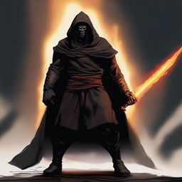 A dark brown orc man with black hair and a beard, wearing black robes and a hood