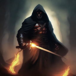 A dark brown orc man with black hair and a beard, wearing black robes and a hood