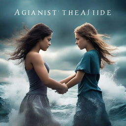 A cover for a novel titled 'AGAINST THE TIDE' featuring two girls fighting against everyone for their love