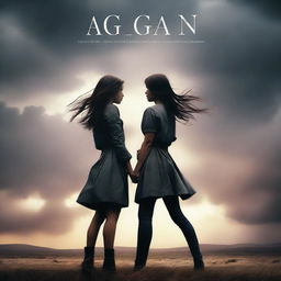 A cover for a novel titled 'AGAIN' featuring two girls, one with a feminine appearance and the other with a masculine appearance, fighting against everyone for their lesbian love