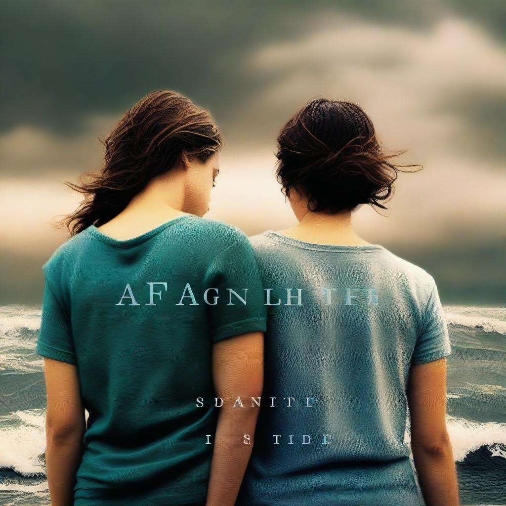 A dramatic cover for a novel titled 'AGAINST THE TIDE' featuring two lesbian girls standing together, holding hands, facing a crowd of people who are against their love