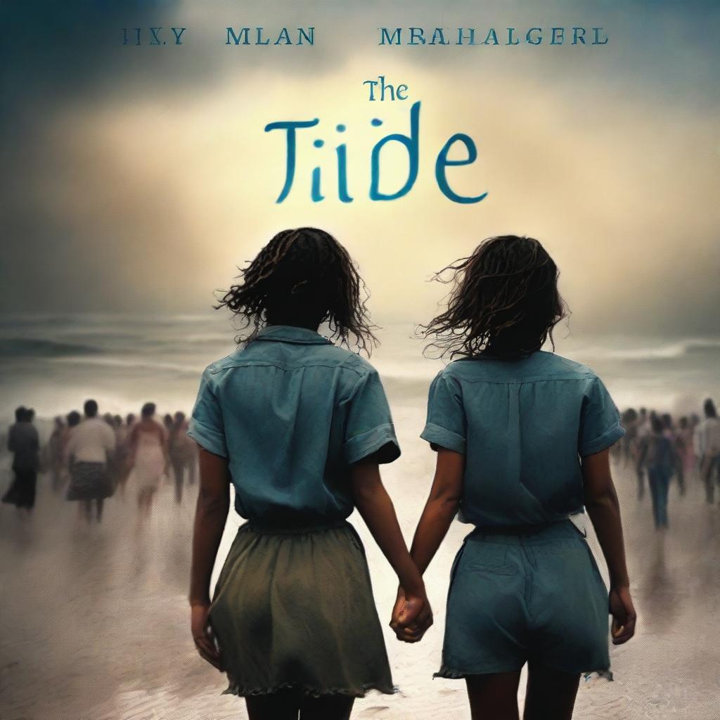 A dramatic cover for a novel titled 'AGAINST THE TIDE' featuring two lesbian girls standing together, holding hands, facing a crowd of people who are against their love