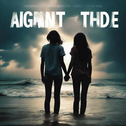 A dramatic cover for a novel titled 'AGAINST THE TIDE' featuring two lesbian girls standing together, holding hands, facing a crowd of people who are against their love