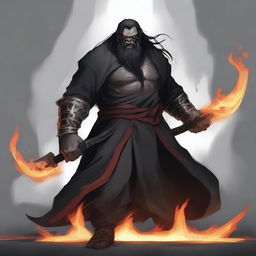 A grey orc man with long black hair and a beard, dressed in black robes