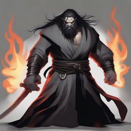 A grey orc man with long black hair and a beard, dressed in black robes