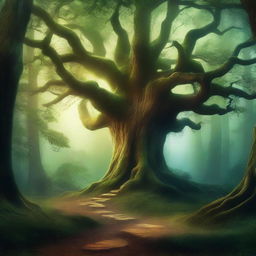 Create a captivating book cover featuring a mystical forest with towering ancient trees, a winding path, and a glowing light in the distance