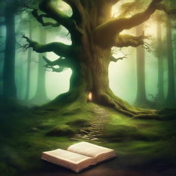 Create a captivating book cover featuring a mystical forest with towering ancient trees, a winding path, and a glowing light in the distance