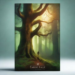 Create a captivating book cover featuring a mystical forest with towering ancient trees, a winding path, and a glowing light in the distance