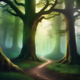 Create a captivating book cover featuring a mystical forest with towering ancient trees, a winding path, and a glowing light in the distance