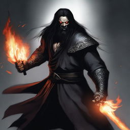 A grey orc man with long black hair and a beard, wearing black robes