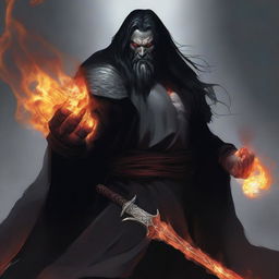 A grey orc man with long black hair and a beard, wearing black robes