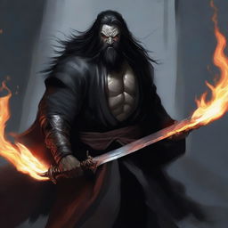 A grey orc man with long black hair and a beard, wearing black robes