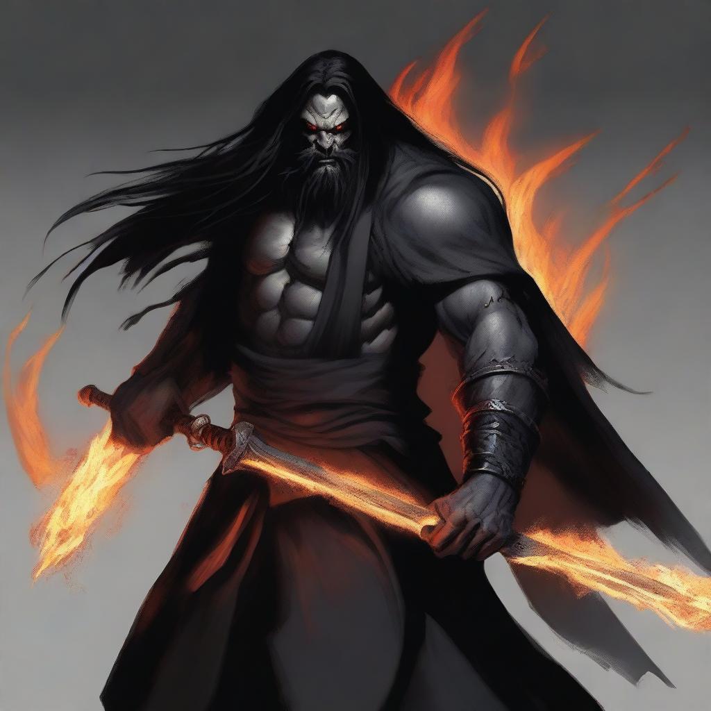 A grey orc man with long black hair and a beard, wearing black robes